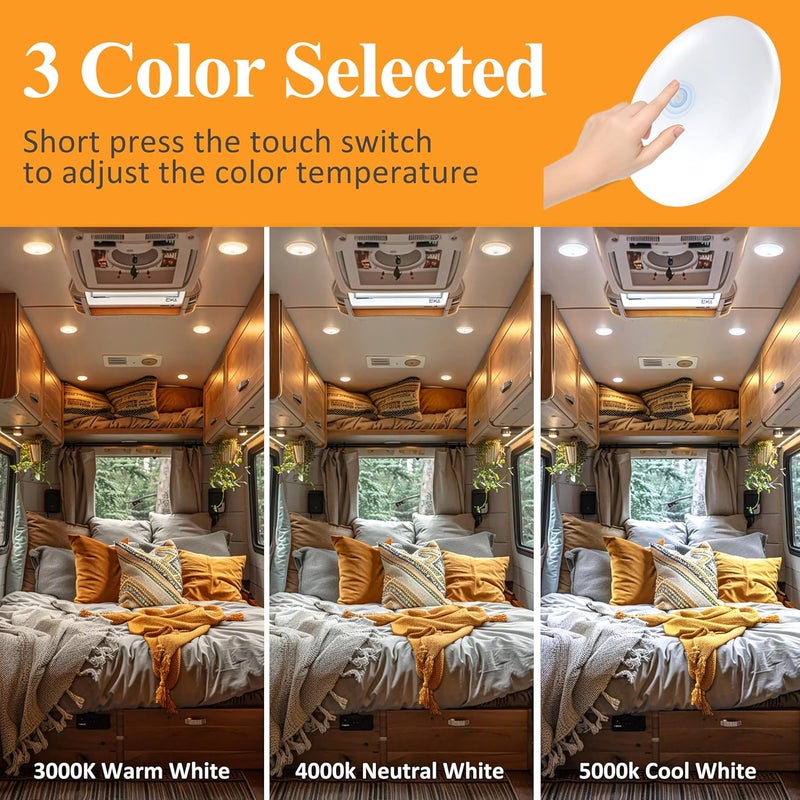 RVsmattly 4 Pack 4.5in Dimmable RV Lights Interior,DC12V Surface Mount Ceiling Light with Touch Control,3000K/4000K/5000K LED Camper Light for Van,Motorhome,Trailer Boat(4W,360LM) - Image 3